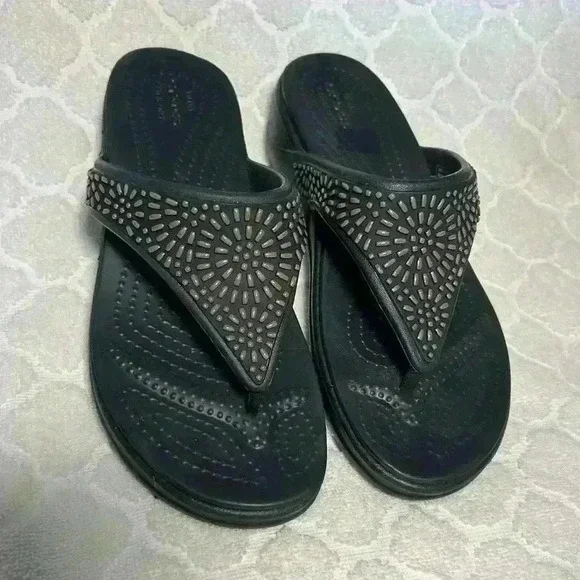 Crocs Monterey Diamante Womens Size 5 Black Flip Flop Wedge Sandals Like New - Picture 1 of 8